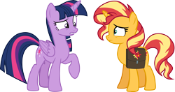 Size: 5680x3000 | Tagged: safe, artist:cloudy glow, imported from derpibooru, sunset shimmer, twilight sparkle, alicorn, pony, unicorn, equestria girls, equestria girls series, forgotten friendship, absurd resolution, bag, duo, female, mare, saddle bag, simple background, transparent background, twilight sparkle (alicorn), vector