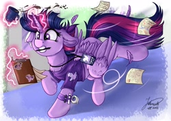 Size: 4093x2894 | Tagged: safe, artist:julunis14, imported from derpibooru, twilight sparkle, alicorn, pony, badge, chest fluff, clipboard, clothes, coffee, coffee mug, commission, con badge, convention, digital, ear fluff, feather, female, floppy ears, g4, high res, levitation, magic, mare, mug, paper, polish, running, shirt, signature, solo, t-shirt, telekinesis, twilight sparkle (alicorn)