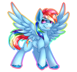 Size: 2147x2000 | Tagged: safe, artist:chvrchgrim, imported from derpibooru, rainbow dash, pegasus, pony, fanart, female, g4, grin, mare, outline, raised hoof, redesign, simple background, smiling, solo, spread wings, transparent background, wings