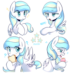 Size: 1300x1300 | Tagged: safe, artist:maren, imported from derpibooru, oc, oc only, oc:sky sherbet, pegasus, pony, 2015, blushing, bread, bust, cute, eye clipping through hair, eyebrows, eyebrows visible through hair, female, folded wings, food, g4, holding, jelly, mare, music notes, nope, old art, question mark, schoolgirl toast, simple background, solo, sparkles, spread wings, tongue out, white background, wings