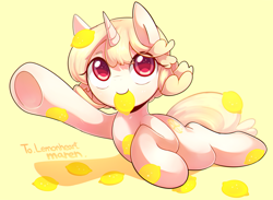Size: 2392x1748 | Tagged: safe, artist:maren, imported from derpibooru, oc, oc only, pony, unicorn, 2015, food, lemon, lying down, mouth hold, old art, prone, simple background, smiling, solo, sparkly eyes, wingding eyes