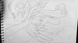 Size: 1776x998 | Tagged: safe, artist:maren, imported from derpibooru, oc, oc only, oc:sun hide, pegasus, pony, 2017, female, flying, goggles, mare, old art, pencil drawing, scrunchie, solo, traditional art