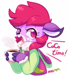 Size: 1966x2230 | Tagged: safe, artist:maren, imported from derpibooru, oc, oc only, oc:dawnfire, deer, 2020, bust, chocolate, clothes, dialogue, food, hoof hold, hot chocolate, jacket, mug, old art, one eye closed, open mouth, simple background, solo, white background