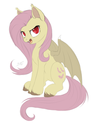 Size: 1497x2000 | Tagged: safe, alternate version, artist:megabait, imported from derpibooru, fluttershy, bat pony, undead, vampire, bat ponified, bat wings, flutterbat, g4, looking at you, race swap, red eyes, simple background, sitting, solo, white background, wings