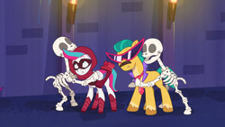 Size: 1920x1080 | Tagged: safe, imported from derpibooru, screencap, hitch trailblazer, zipp storm, earth pony, pegasus, pony, skeleton pony, spoiler:g5, spoiler:my little pony: tell your tale, spoiler:tyts01e31, arrowverse, bone, clothes, coat markings, costume, fake moustache, female, frown, g5, halloween, halloween costume, haunted house (episode), holiday, hug, looking up, male, mare, misleading thumbnail, my little pony: tell your tale, necktie, nightmare night costume, pinpoint eyes, skeleton, socks (coat markings), stallion, sunglasses