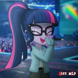 Size: 720x720 | Tagged: safe, artist:alex mlp, edit, edited screencap, imported from derpibooru, screencap, sci-twi, twilight sparkle, human, equestria girls, concert, earpiece, eyes closed, irl, irl human, microphone, photo, smiling, solo, stage