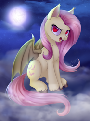 Size: 1497x2000 | Tagged: safe, alternate version, artist:megabait, imported from derpibooru, fluttershy, bat pony, pony, bat ponified, bat wings, digital art, flutterbat, g4, looking at you, moon, night, open mouth, race swap, red eyes, sitting, sky, solo, wings