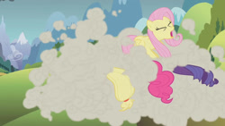 Size: 1280x720 | Tagged: safe, imported from derpibooru, screencap, applejack, fluttershy, pinkie pie, rarity, earth pony, pegasus, unicorn, dragonshy, season 1, dust cloud, eyes closed, open mouth