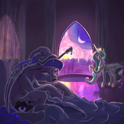 Size: 4000x4000 | Tagged: safe, artist:ciborgen, imported from derpibooru, princess celestia, princess luna, alicorn, pony, bed, canterlot, canterlot castle, hat, jewelry, nightcap, palindrome get, regalia, waking up