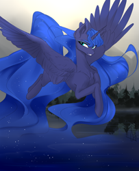Size: 1038x1280 | Tagged: safe, artist:livitoza, imported from derpibooru, princess luna, alicorn, pony, chest fluff, ear fluff, ethereal mane, flying, forest background, impossibly long hair, impossibly long tail, missing accessory, slim, solo, spread wings, starry mane, starry tail, tail, water, wing fluff, wings