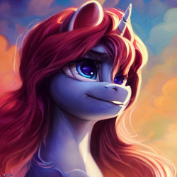 Size: 512x512 | Tagged: safe, imported from derpibooru, pony, unicorn, ai content, ai generated, bust, generator:purplesmart.ai, generator:stable diffusion, portrait, random pony, smiling, solo