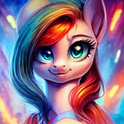 Size: 512x512 | Tagged: safe, imported from derpibooru, pony, ai content, ai generated, bust, generator:purplesmart.ai, generator:stable diffusion, looking at you, multicolored mane, portrait, random pony, solo