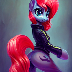 Size: 512x512 | Tagged: safe, imported from derpibooru, oc, unnamed oc, earth pony, pony, ai content, ai generated, bipedal, butt, clothes, generator:purplesmart.ai, generator:stable diffusion, jacket, looking at you, looking back, looking back at you, plot, random pony, solo