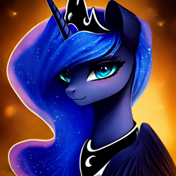 Size: 1024x1024 | Tagged: safe, editor:hawkeyethree, imported from derpibooru, princess luna, alicorn, pony, ai content, ai generated, bust, crown, female, generator:purplesmart.ai, generator:stable diffusion, jewelry, mare, portrait, regalia, smiling, solo