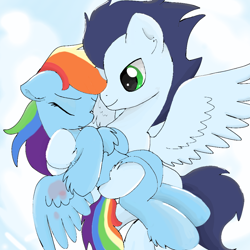 Size: 1000x1000 | Tagged: safe, artist:celedash, imported from derpibooru, rainbow dash, soarin', pegasus, bridal carry, carrying, female, injured, male, romantic, shipping, soarindash, straight