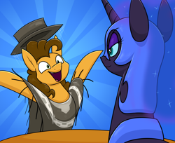 Size: 1894x1542 | Tagged: safe, artist:moonatik, imported from derpibooru, cheese sandwich, nightmare moon, alicorn, earth pony, pony, equestria at war mod, abstract background, clothes, excited, eyeshadow, female, g4, happy, hat, makeup, male, mare, mlp fim's twelfth anniversary, poncho, smiling, stallion, story included