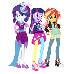 Size: 2289x2289 | Tagged: safe, imported from derpibooru, rarity, sunset shimmer, twilight sparkle, alicorn, human, equestria girls, equestria girls series, rainbow rocks, spoiler:eqg series (season 2), clothes, dress, female, gala dress, game stream outfit, rainbow rocks outfit, simple background, trio, trio female, twilight sparkle (alicorn), white background