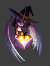 Size: 740x966 | Tagged: safe, artist:sparkie45, imported from derpibooru, oc, oc only, alicorn, dracony, dragon, hybrid, pony, 2021, alicorn oc, gray background, halloween, hat, holiday, horn, jack-o-lantern, pumpkin, simple background, solo, wings, witch hat