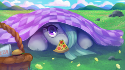 Size: 3840x2160 | Tagged: safe, artist:saphypone, imported from derpibooru, marble pie, earth pony, pony, basket, blanket, burger, cloud, cute, female, flower, food, g4, grass, hill, marblebetes, mare, picnic basket, pizza, rock, signature, sky, solo, under blanket