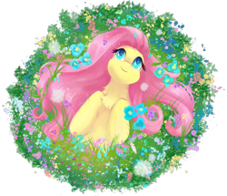 Size: 2514x2160 | Tagged: safe, artist:saphypone, imported from derpibooru, fluttershy, pegasus, pony, bust, chest fluff, cute, dandelion, female, flower, fluttershy day, g4, grass, high angle, high res, hooves to the chest, looking up, lying down, mare, on back, partial background, plants, shyabetes, simple background, smiling, solo, transparent background, white background