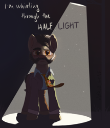 Size: 1094x1270 | Tagged: safe, artist:d3f4ult_4rt1st, imported from derpibooru, earth pony, pony, clothes, disco elysium, facial hair, harrier du bois, jacket, necktie, ponified, shirt, solo, spotlight, streetlight, text