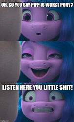 Size: 500x823 | Tagged: safe, edit, edited screencap, imported from derpibooru, screencap, izzy moonbow, zipp storm, pegasus, pony, unicorn, spoiler:my little pony: make your mark chapter 2, spoiler:myms01e07, angry, caption, comic, female, g5, gritted teeth, hoof done it?, image macro, implied pipp petals, izzy is best facemaker, listen here, mare, meme, my little pony: make your mark, my little pony: make your mark chapter 2, open mouth, open smile, screencap comic, smiling, teeth, text, vulgar, worst pony