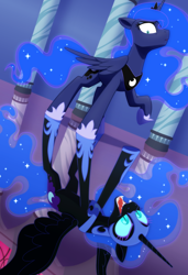 Size: 2048x3000 | Tagged: safe, artist:whitequartztheartist, imported from derpibooru, nightmare moon, princess luna, alicorn, pony, crown, duality, evil laugh, fangs, female, folded wings, g4, hallway, jewelry, laughing, mare, night, reflection, regalia, spread wings, tiara, upside down, wings