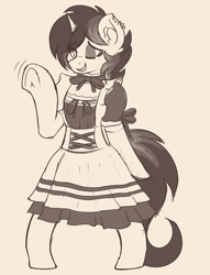 Size: 2388x3120 | Tagged: safe, artist:czu, imported from derpibooru, oc, oc:moonshine, pony, unicorn, bipedal, clothes, cute, female, frilly, maid, monochrome, one eye closed, piercing, simple background, sketch, smiling, stockings, thigh highs, wave, wink