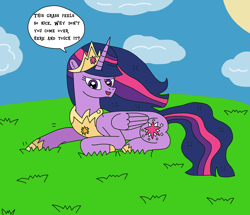 Size: 2850x2448 | Tagged: safe, artist:supahdonarudo, imported from derpibooru, twilight sparkle, alicorn, pony, the last problem, cloud, dialogue, g4, grass, grass field, jewelry, lying down, older, older twilight, princess twilight 2.0, prone, pun, regalia, speech bubble, sun, talking to viewer, text, tiara, twilight sparkle (alicorn), visual pun