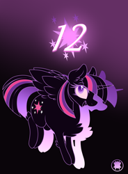 Size: 1882x2554 | Tagged: safe, artist:leinhart, imported from derpibooru, twilight sparkle, alicorn, pony, chest fluff, eye clipping through hair, eyebrows, eyebrows visible through hair, female, g4, gradient background, hock fluff, mare, mlp fim's twelfth anniversary, open mouth, smiling, solo, spread wings, twilight sparkle (alicorn), wings