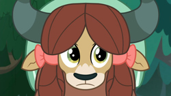 Size: 1920x1080 | Tagged: safe, imported from derpibooru, screencap, yona, yak, non-compete clause, season 8, spoiler:s08, 1080p, bowtie, close-up, concerned, cute, frown, monkey swings, reaction image, solo, yonadorable