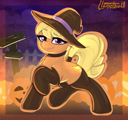 Size: 937x880 | Tagged: safe, artist:llametsul, imported from derpibooru, ms. harshwhinny, earth pony, pony, choker, clothes, cute, female, g4, halloween, hat, holiday, looking at you, mare, mlp fim's twelfth anniversary, ms. cutewhinny, pumpkin, signature, solo, stockings, thigh highs, witch hat