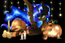 Size: 1280x854 | Tagged: safe, artist:natanvok, imported from derpibooru, nightmare moon, princess luna, pony, candle, clothes, halloween, holiday, jack-o-lantern, lying down, prone, pumpkin, socks, solo, stockings, striped socks, thigh highs