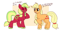 Size: 1031x548 | Tagged: source needed, safe, artist:lulubell, imported from derpibooru, applejack, applejack (g3), earth pony, pony, colored hooves, duo, eyes closed, g3, g3 to g4, g4, generation leap, generational ponidox, hatless, hoof on chest, missing accessory, open mouth, open smile, raised hoof, simple background, smiling, unshorn fetlocks, white background