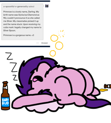 Size: 1275x1414 | Tagged: safe, artist:professorventurer, imported from derpibooru, pipp petals, pegasus, pony, series:ask pippamena, alcohol, beer, beer belly, beer bottle, belly, bottle, drunk, drunk bubbles, featureless crotch, fluffy, g5, pippamena, puddle, sleeping, wasted
