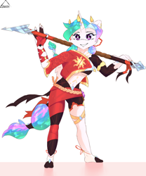 Size: 1000x1200 | Tagged: safe, artist:glazirka, imported from derpibooru, princess celestia, alicorn, anthro, breasts, grin, looking at you, midriff, smiling, solo, spear, underboob, weapon