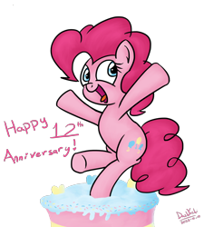 Size: 1800x2000 | Tagged: safe, artist:dashyoshi, imported from derpibooru, pinkie pie, earth pony, pony, anniversary, cake, food, g4, happy birthday mlp:fim, looking at you, mlp fim's twelfth anniversary, open mouth, simple background, solo, standing on a cake, transparent background