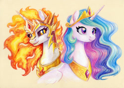 Size: 1715x1220 | Tagged: safe, artist:maytee, imported from derpibooru, daybreaker, princess celestia, alicorn, pony, bust, colored pencil drawing, cream background, crown, duality, female, fire, g4, jewelry, mare, regalia, simple background, slit pupils, tiara, traditional art