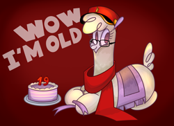 Size: 2665x1940 | Tagged: safe, artist:nonameorous, imported from derpibooru, oc, oc:nonameorous, alpaca, them's fightin' herds, birthday, birthday cake, cake, caption, clothes, cloven hooves, community related, crossed hooves, food, glasses, hat, high res, looking away, red background, red hat, red scarf, scarf, simple background, sitting, solo, text, tfh oc