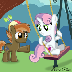 Size: 900x900 | Tagged: safe, artist:mlplary6, imported from derpibooru, button mash, sweetie belle, earth pony, pony, unicorn, childhood friends, colt, female, filly, foal, looking at each other, looking at someone, male, shipping, smiling, smiling at each other, straight, sweetiemash, swing