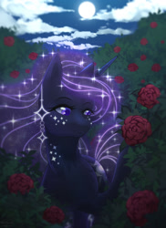 Size: 934x1280 | Tagged: safe, artist:blueomlette, imported from derpibooru, oc, oc only, alicorn, pony, alicorn oc, bush, flower, flowing mane, freckles, full moon, horn, moon, night, rose, solo, stars, wings