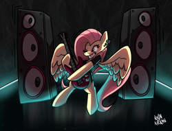 Size: 3000x2288 | Tagged: safe, artist:nyanakaru, imported from derpibooru, fluttershy, pegasus, pony, amplifier, bipedal, dark background, ear piercing, earring, electric guitar, female, flutterpunk, gritted teeth, guitar, high res, hoof hold, jewelry, mare, musical instrument, piercing, playing instrument, punk, punk rock, solo, stage, teeth