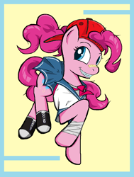 Size: 844x1116 | Tagged: safe, artist:sallycars, imported from derpibooru, pinkie pie, earth pony, pony, backwards ballcap, bandage, bandaid, baseball cap, blouse, braces, cap, clothes, converse, eyebrows, g4, grin, hat, looking at you, ms paint, pinkie pie day, ponytail, sailor uniform, school uniform, shoes, simple background, skirt, smiling, solo, uniform, yellow background