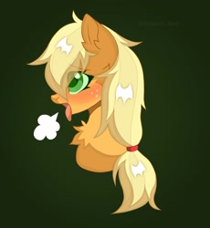 Size: 1744x1892 | Tagged: safe, artist:belkaart0w0, imported from derpibooru, applejack, earth pony, pony, ahegao, blushing, chest fluff, cute, female, freckles, green background, jackabetes, mare, open mouth, sign, simple background, solo, tongue out
