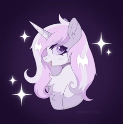 Size: 1704x1723 | Tagged: safe, artist:belkaart0w0, imported from derpibooru, fleur-de-lis, pony, unicorn, blue background, blushing, bust, chest fluff, female, happy, mare, open mouth, open smile, simple background, smiling, solo