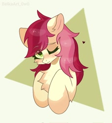 Size: 934x1024 | Tagged: safe, artist:belkaart0w0, imported from derpibooru, roseluck, earth pony, pony, blushing, chest fluff, cute, female, heart, mare, one eye closed, open mouth, solo, wink