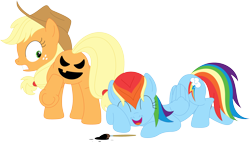 Size: 3568x2028 | Tagged: safe, artist:porygon2z, imported from derpibooru, applejack, rainbow dash, earth pony, pegasus, pony, applebutt, applejack-o-lantern, bodypaint, butt, eyes closed, gritted teeth, halloween, holiday, jack-o-lantern, laughing, looking back, open mouth, open smile, paintbrush, plot, prank, pumpkin, simple background, smiling, teeth, transparent background, underhoof