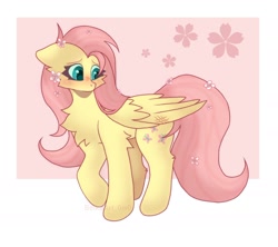 Size: 1726x1535 | Tagged: safe, artist:belkaart0w0, imported from derpibooru, fluttershy, pegasus, pony, blushing, chest fluff, cute, female, flower, flower in hair, flower in tail, g4, mare, raised hoof, shy, shyabetes, solo, tail