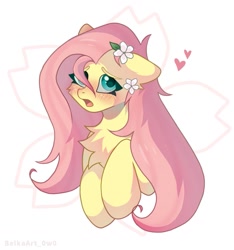 Size: 959x1024 | Tagged: safe, artist:belkaart0w0, imported from derpibooru, fluttershy, pegasus, pony, blushing, chest fluff, cute, female, flower, flower in hair, g4, heart, mare, open mouth, shyabetes, signature, simple background, solo, white background