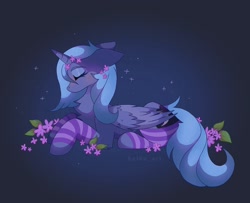 Size: 1690x1375 | Tagged: safe, artist:belkaart0w0, imported from derpibooru, princess luna, alicorn, pony, blushing, chest fluff, clothes, cute, eyes closed, eyeshadow, female, flower, flower in hair, lunabetes, makeup, mare, socks, solo, striped socks